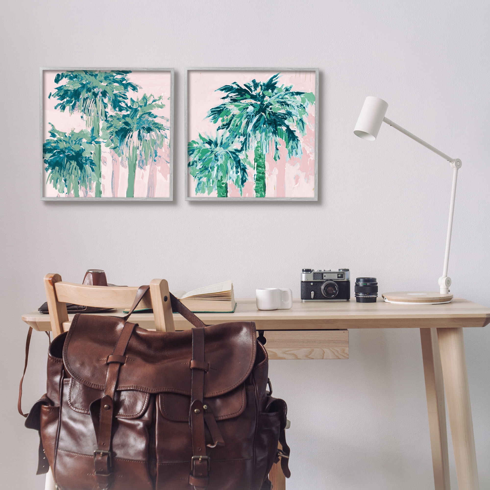 Stupell Industries Abstract Palms on Pink Botanical & Floral Painting Gray Framed Art Print Wall Art, 17 x 17, Set of 2