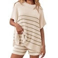 thumbnail image 2 of 2 Pcs Women Striped Outfits Oversized Batwing Short Sleeve Tops High Waisted Shorts Summer Knit Lounge Short Sets, 2 of 5