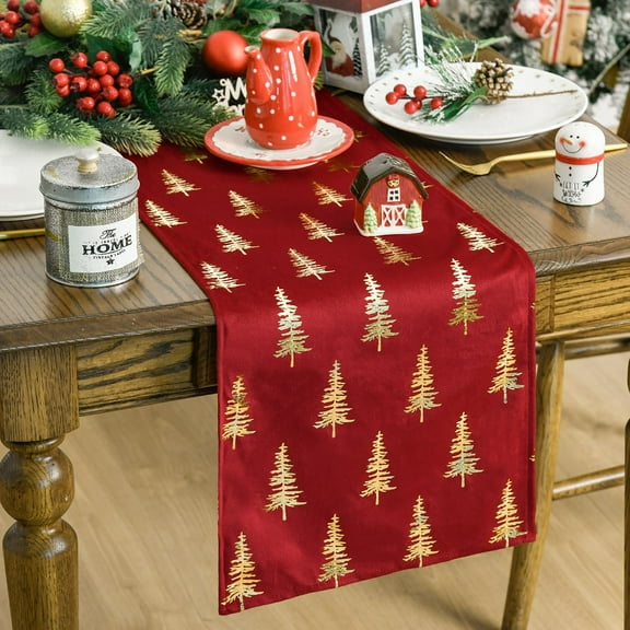 mubwai Red Dutch Fleece Glitter Metallic Foil Table Runner, Holiday Kitchen Dining Table Decoration for Home Party Decor 13x48 Inch