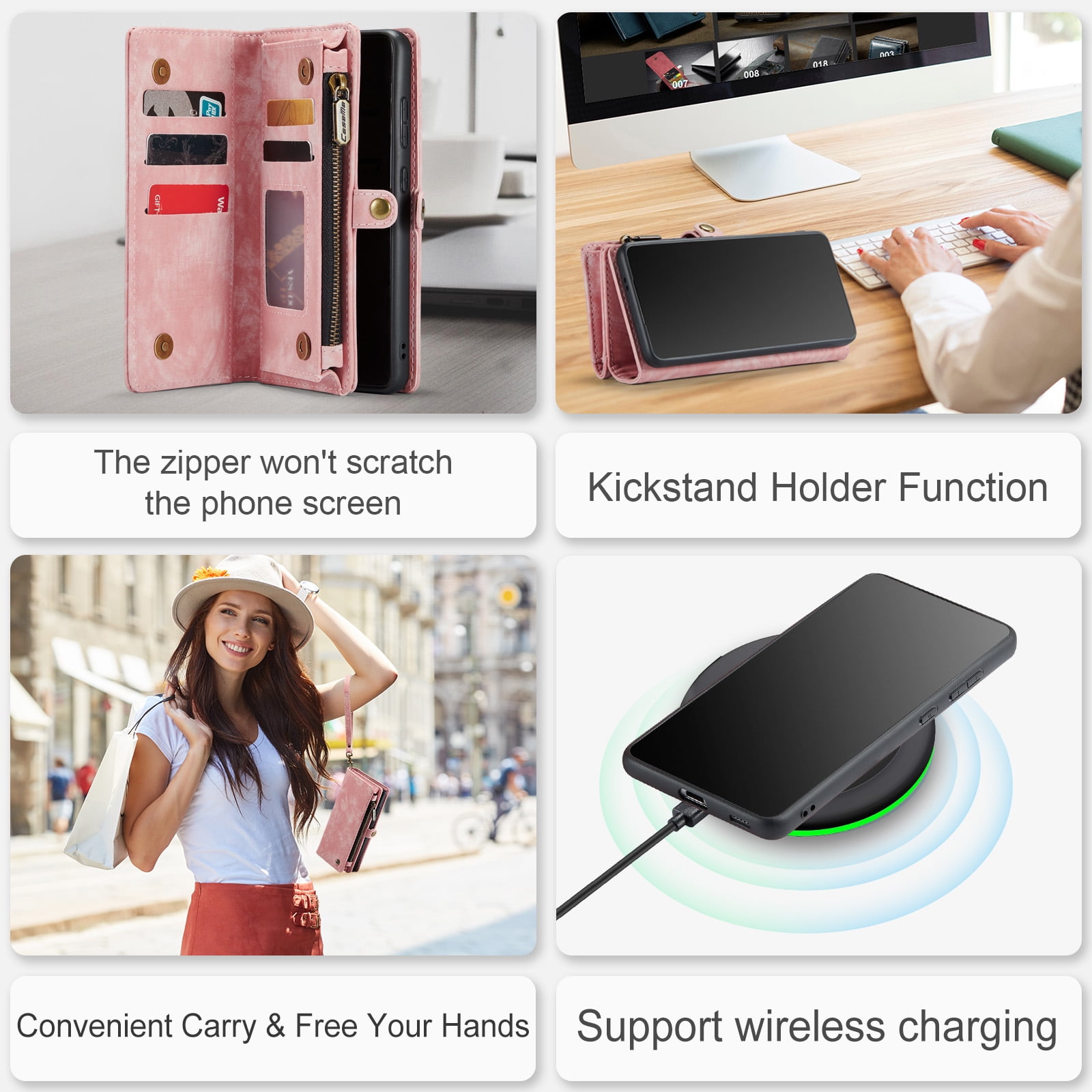 Feishell Durable 2-In-1 Magnetic Detachable Wallet Case for Samsung Galaxy S21,for Women Men,Premium PU Leather Zipper Pocket Flip Multi Card Slots Purse Phone Case with Wrist Strap,Pink