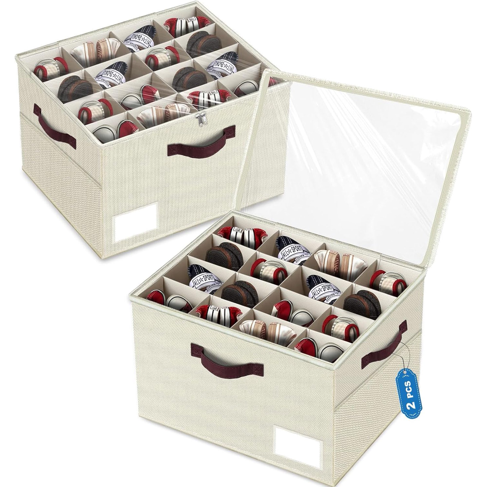 2 Pack Large Shoe Organizer for Closet Adjustable Dividers Shoe Storage Bins Boxes Foldable Shoe Holder Cube Containers with Clear Cover for Men’s Shoes High Heel Sneaker Slippers Boots(Beige)