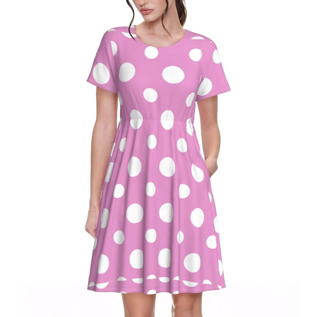 Fotbe Purple And White Polka Dot Vestido Largo de Moda para Mujer, Vestido Tipo Camiseta con Manga Corta y Estilo Casual a Rayas y Bloques de Color