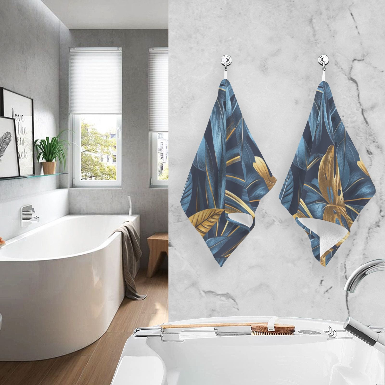 Blue and Gold Leaves Hand Towels Cotton Bath Towels Large Face Towels Absorbent for Bathroom 2 Packs