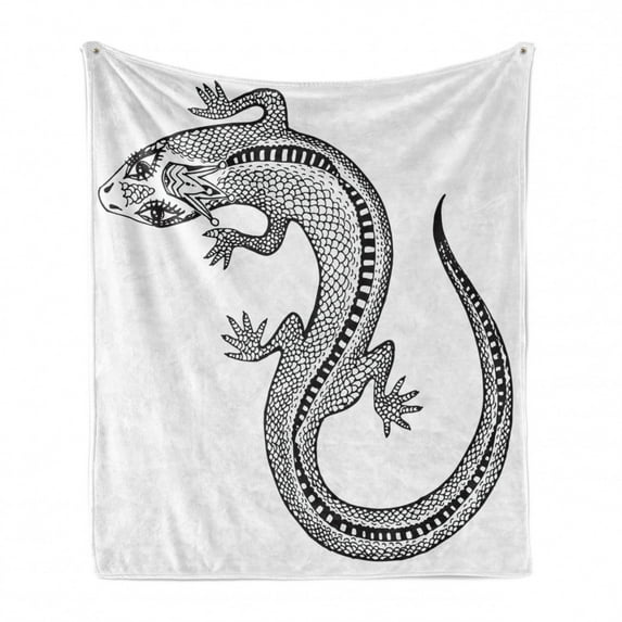 Salamander Soft Flannel Fleece Throw Blanket, Close Shot Illustration of a Detailed Exotic Lizard in a Crown, Cozy Plush for Indoor and Outdoor Use, 50" x 70", Charcoal Grey and White, by Ambesonne