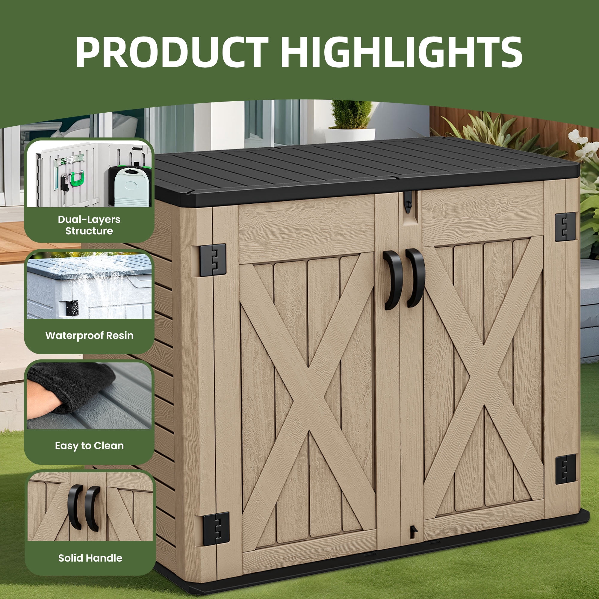 Uforic Outdoor Horizontal Storage Shed with X-Shaped Lockable Door, 35 Cu Ft Weather Resistant Resin Tool Shed, Brown