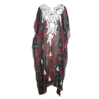 Mogul Women Sheer Black Red Maxi Caftan Printed Georgette Floral Embroidered Resort Wear Dresses One Size