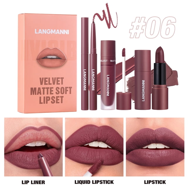 LANGMANNI 6-Color Lip Set | Waterproof Long-lasting Lip Liner Liquid Lipstick | Velvet Matte Texture Makeup (06)