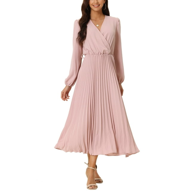 INSPIRE CHIC Robe Plissée pour Femme à Manches Longues Bouffantes, Col en V, Robe avec Ceinture à la Taille, G Rose Poudré