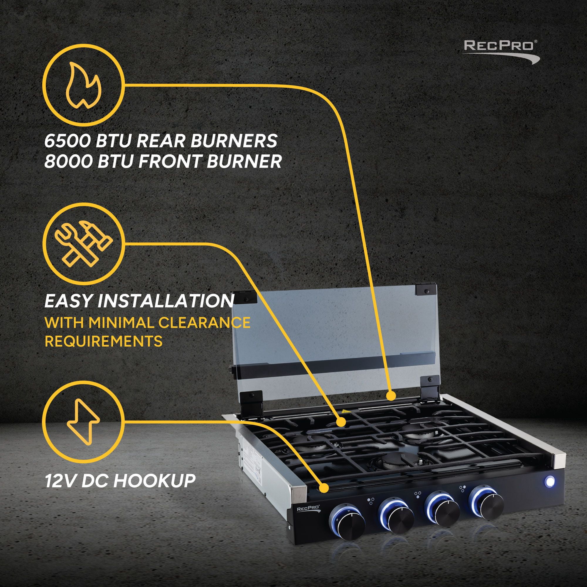 RecPro RV Built In Gas Cooktop | 2 Burner or 3 Burner | RV Cooktop Stove | 6,500 and 8,000 BTU Burners | Cover Included (Black, 3-Burner)