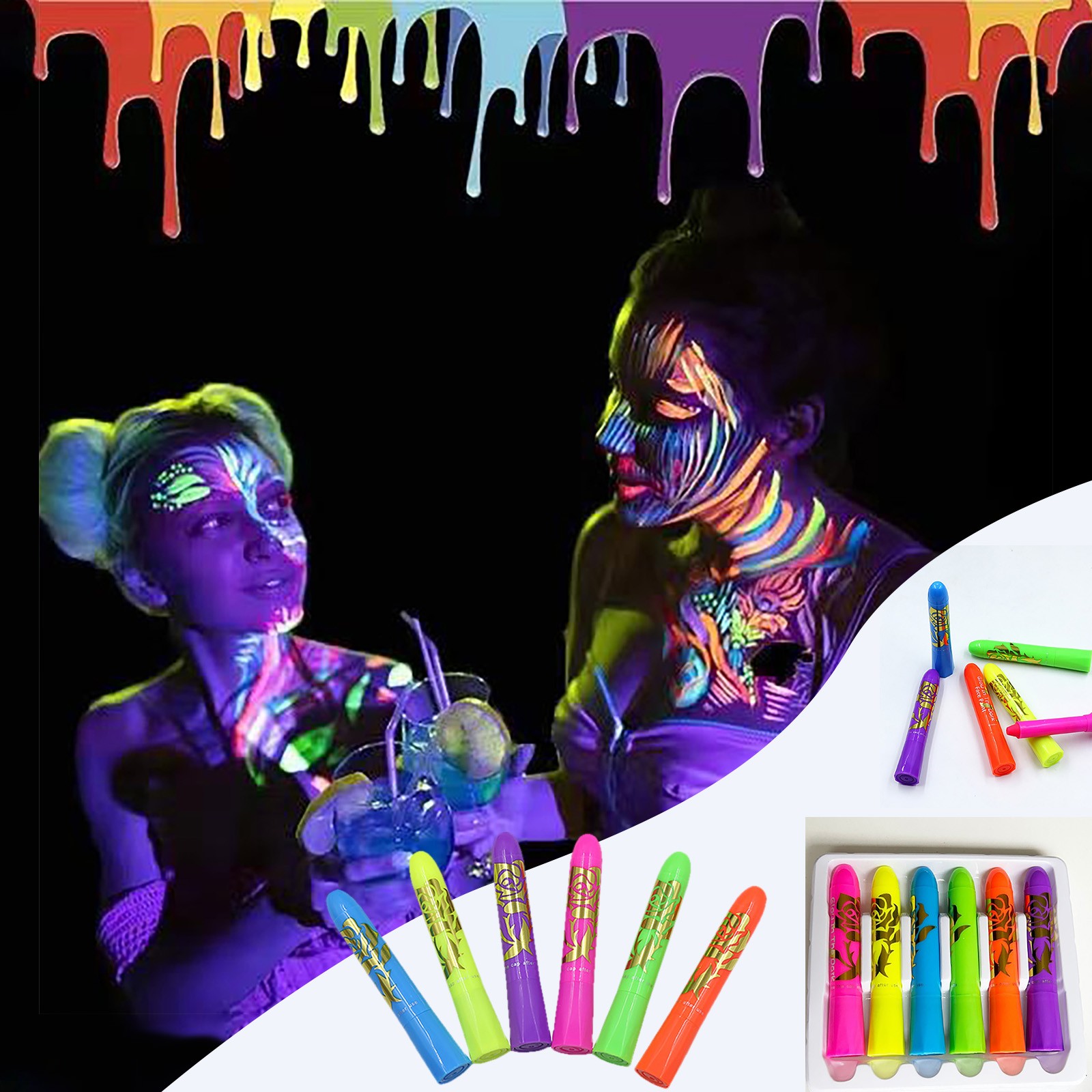 6 Pcs Glow In The Black Light Body Face Paint Face Painting Kit U V ...