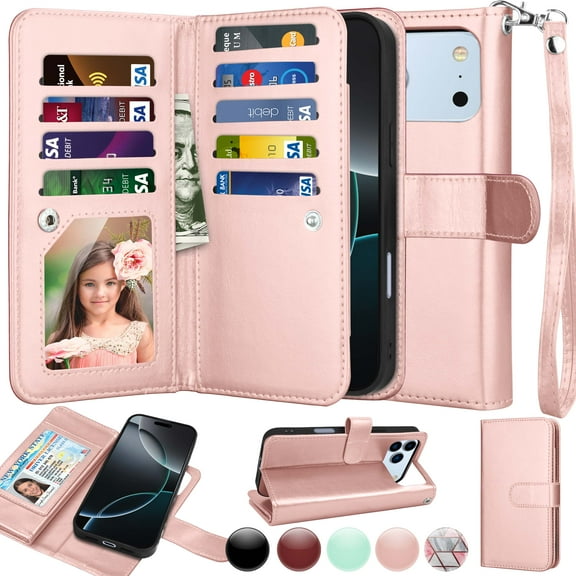 Wallet Case for Apple iPhone 17 Pro Wallet Case 6.3"5G (2025), [9 Card Slots] Luxury PU Leather Credit Holder Carrying Folio Flip [Detachable] Kickstand Magnetic Phone Cover & Lanyard [Eose]