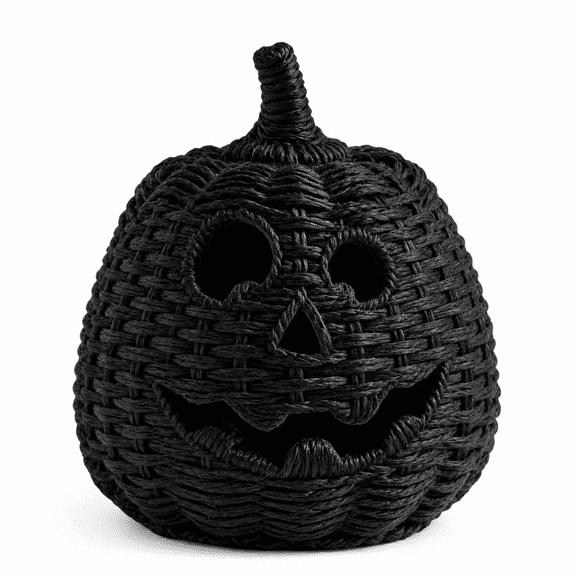 Aximioll Black Rattan Pumpkin Lantern 11.8In, Farmhouse Woven Jack-O-Lantern Basket Halloween Decor, Cutout Face Candle Holder for Porch Entryway Mantel Table, Black