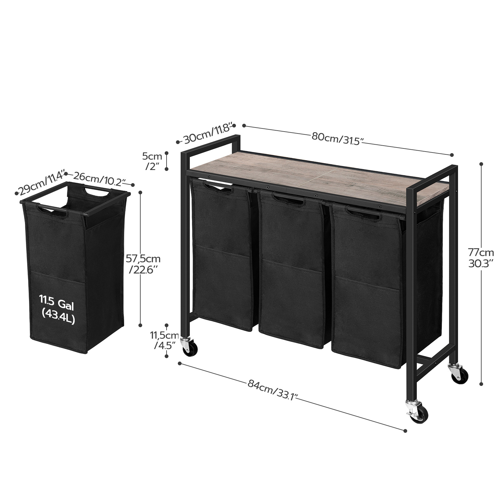 HOOBRO 3-Section Laundry Sorter with Wheels, 3 x 11.5 Gal, Removable Bags, Greige and Black