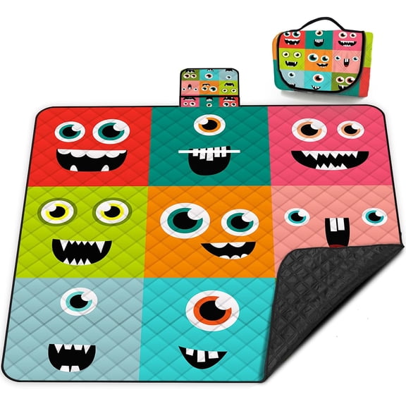 Extra Large Waterproof Picnic Blanket 80 x 80 Inches Foldable Machine Washable Outdoor Beach Camping Mat for 6 to 8 Adults Square Orange Smiley