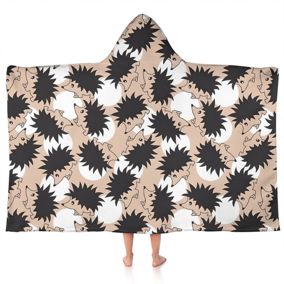 Black Cute Hedgehog Pattern Hooded Bath Towel,50"x30" for Ages 3 To 12 Kids, Quick Dry Lightweight Soft Microfiber Hood Beach Towel Cover Up for Kids