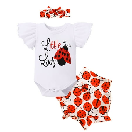 

IBTOM CASTLE Newborn Baby Girls Clothes Ruffles Sleeve Romper + Fruit Floral Bottoms Shorts + Headband 3PCS Summer Birthday Outfits 6-9 Months Ladybug