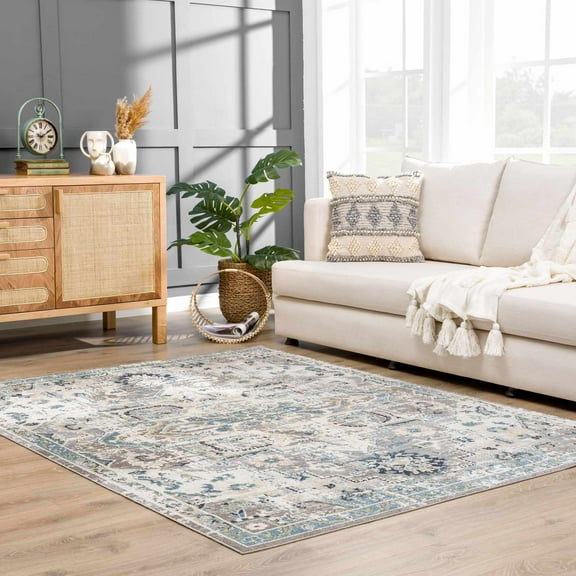 Hauteloom Cabacungan Traditional Medallion Living Room Bedroom Area Rug - Machine Washable Distressed Carpet - Bohemian Oriental - Easy to Clean - Blue, Grey, Beige - 5'3" x 7'