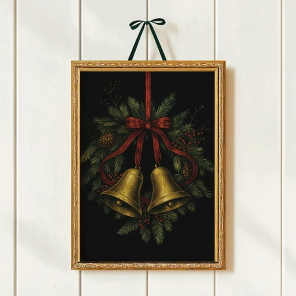 Christmas wreath home decor, Festive bells vintage wall print, holiday printable , hosting decorations, cosy winter art, moody aesthetic, 16x24 UNFRAMED