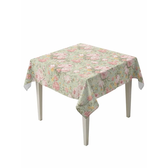 Pink Flowers Table Cloth, Green Country Botanical Floral Leaves Waterproof Tablecloth for Square Tables, Reusable Washable Fabric Table Cover for Restaurant Kitchen Dining Tables 54"x54"