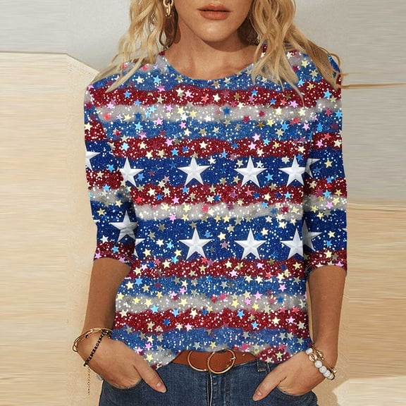 Cavosen Patriotic Tops for Women Petite 4th of July 3/4 Sleeve Crew Neck Shirts USA Star Striped Print Shirts Lady XL Red White and Blue Casual Tops Funny Patriotic Tunic Tees 2025 Patriotic Blouses