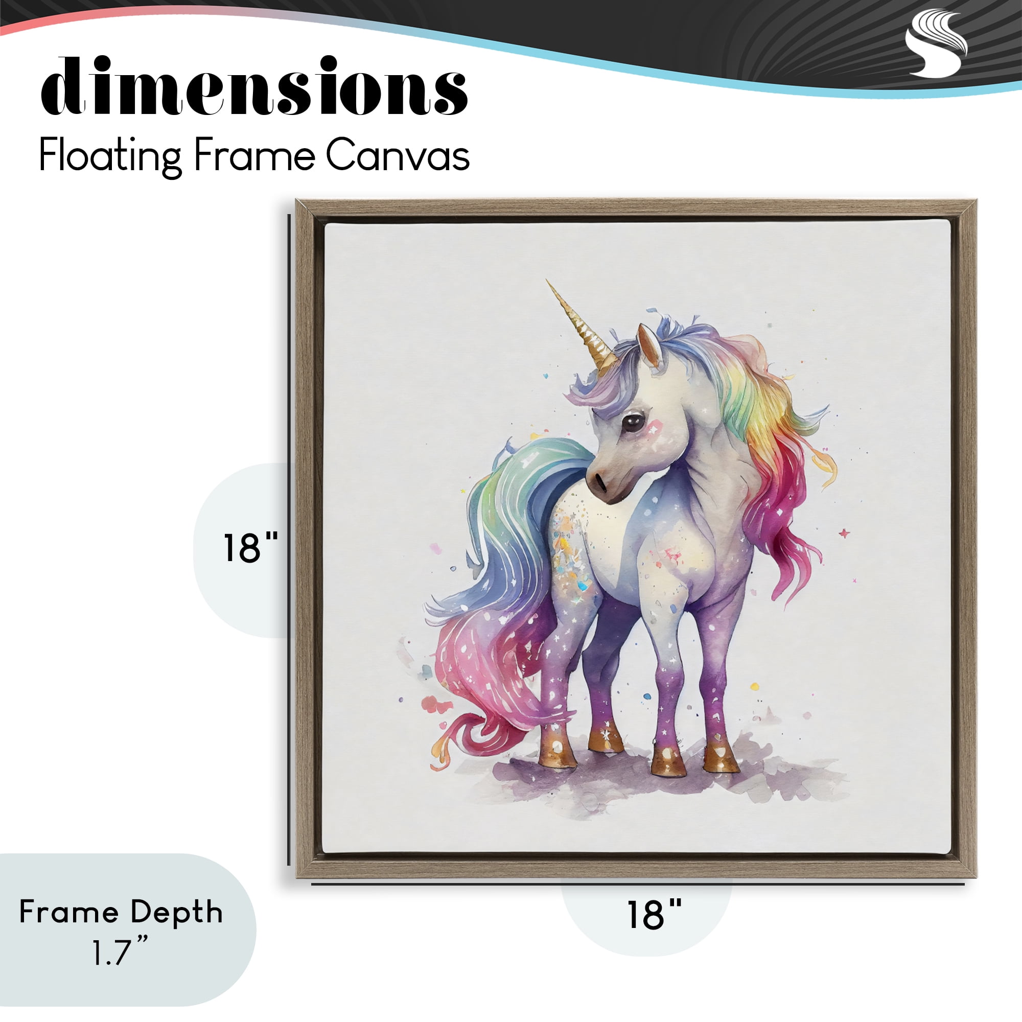 Stupell Industries Watercolor Unicorn & Rainbow Mane Brown Framed Floater Canvas Wall Art, design by Creative Studio