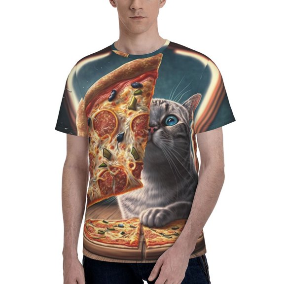 Men's T Shirts Fashion Casual Novelty Tee Graphic Top, Funny Cat Loves Pizza Art