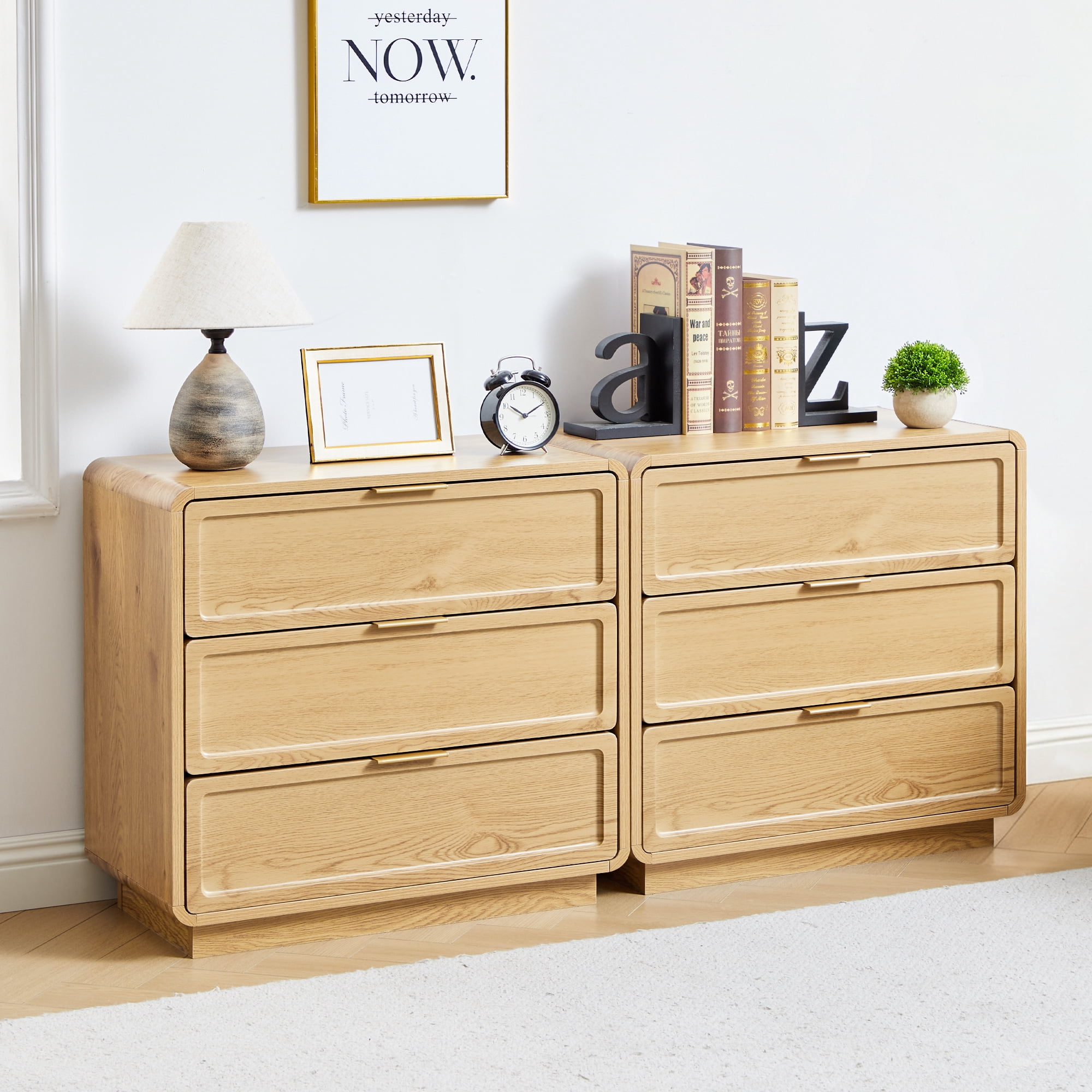 Set of 2 Mid-Century Modern 3-Drawer Dresser & Nightstand, Wood Storage Cabinet for Bedroom, Living Room or Entryway, Farmhouse Bedside Table, Oak