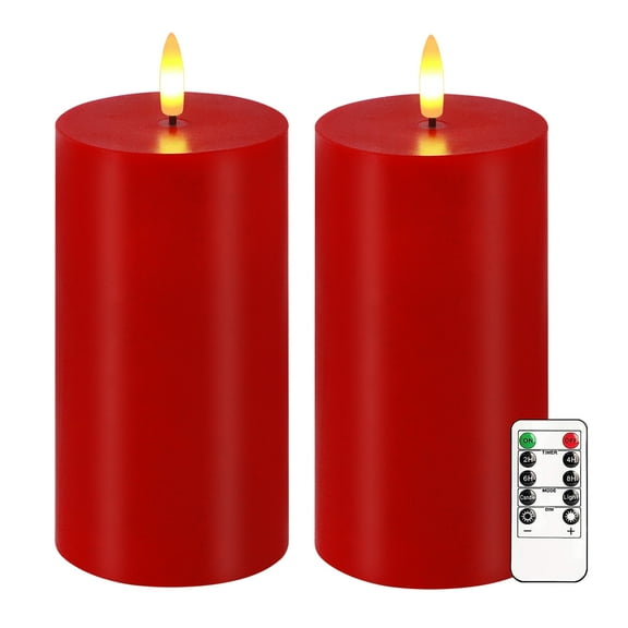 Red Flameless Candles, Set of 2 6"x3" Flickering LED Candles with Remote & Timer, Dimmable Real Wax Electric Pillar Candles Battery Operated, Red Candles Light for Home Christmas Decor