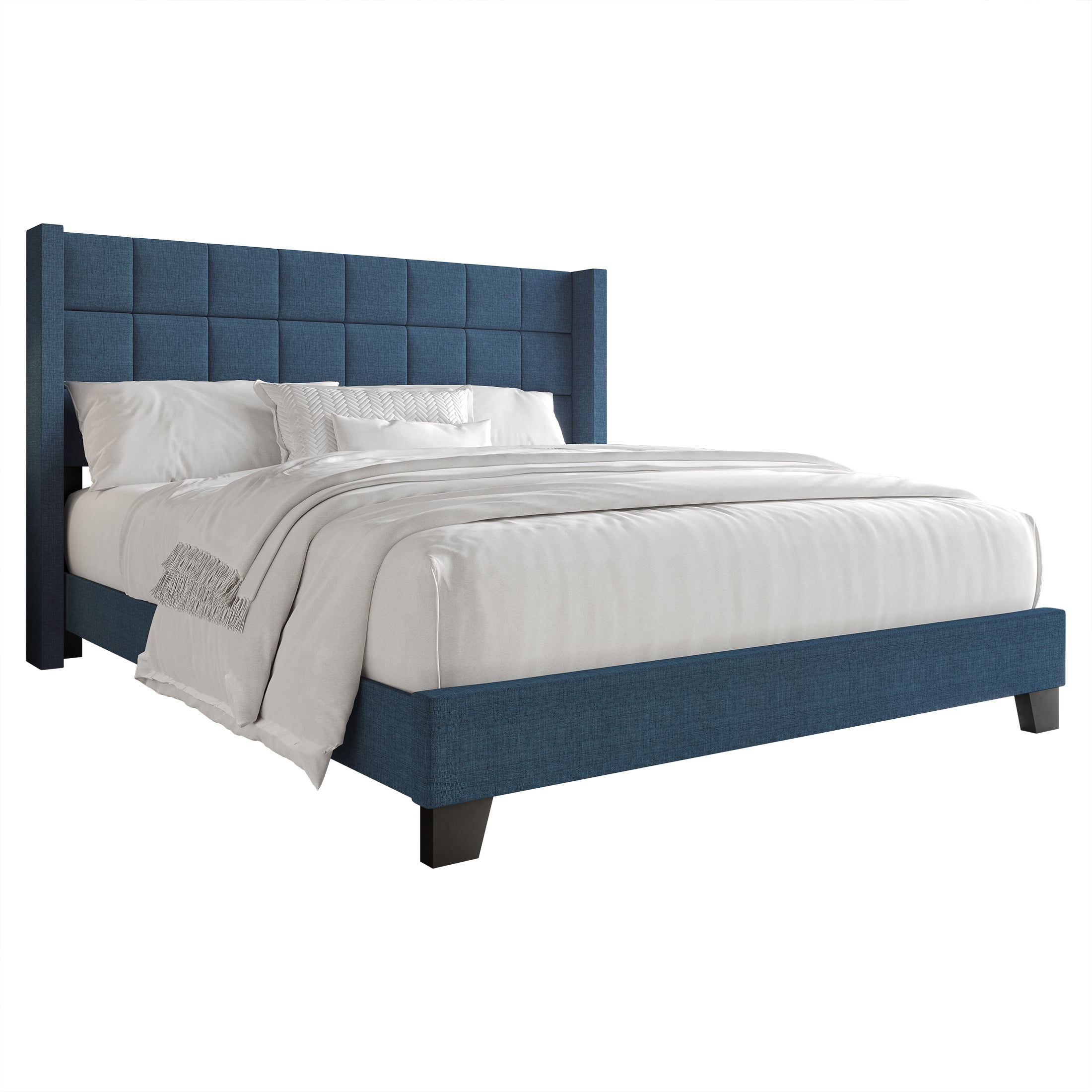 Castle Place Elegant Wingback Linen Upholstered Queen Bed, Blue