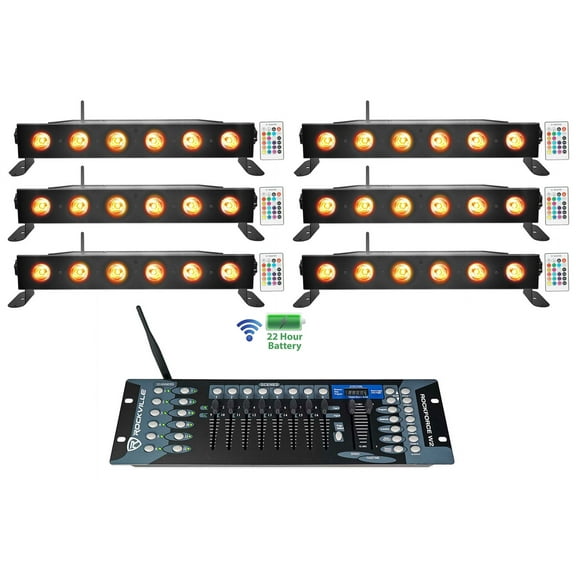 6) Rockville BEST STRIP 60 Black Rechargeable Light Bars Wireless DMX Controller