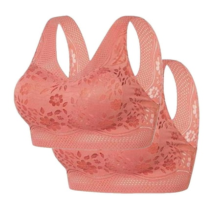 REORIAFEE Bras for Women Full Coverage 2 Pack Gathered Together Wirefree Bras Solid Brassiere Breathable Wide Strap Comfy Corset Underwear Classic Comfortable Support Lingerie Red M