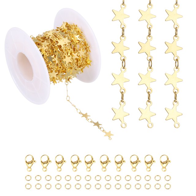 Uxcell Cadena Estrella de 16.4Ft, Cadena de Hacer Joyas con Cierres de Langosta y Anillos de Salto para Hallazgos de Joyería DIY, Collares y Pulseras, Tono Dorado