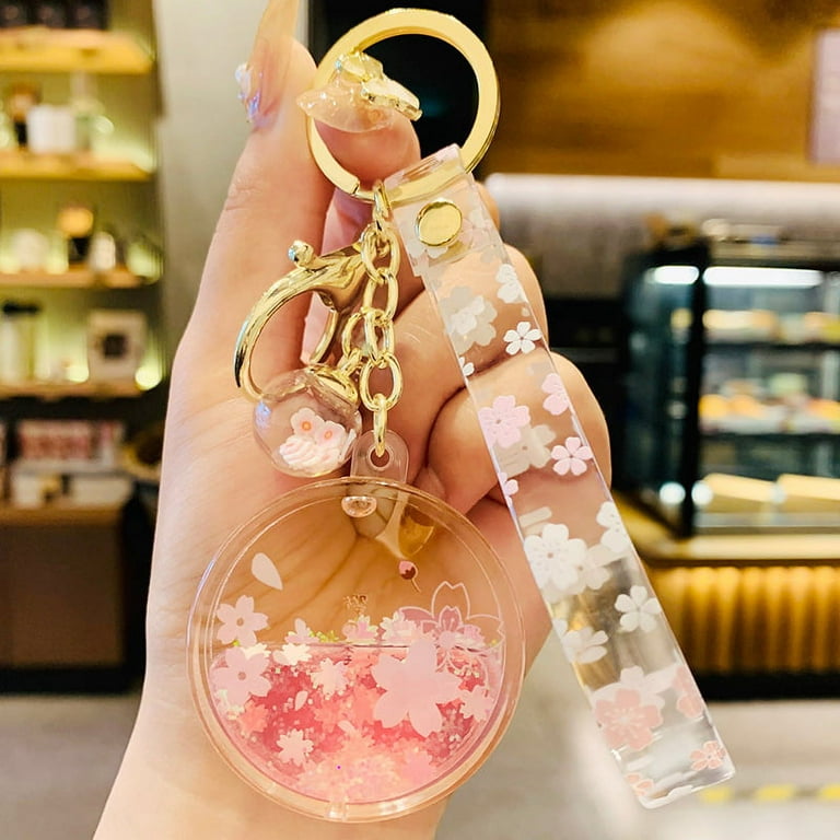 Floating Glitter Key Pendant with Lobster Clasp & Strap Sakura Cherry  Blossoms Hanging Decor for Car Bag Gift for Girls