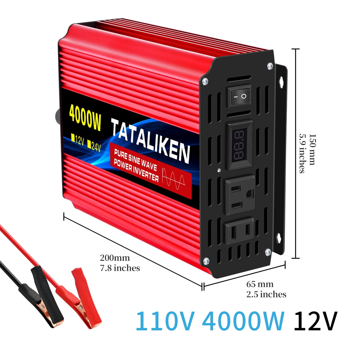 TATALIKEN 4000W（Rating power 1200 W）Pure Sine Wave Power Inverter DC 12V to AC 110V/120V Car Inverter with Battery Clamp Cable 2 AC Outlets for Power Tools Home Vehicles RV Truck, LCD Display Red
