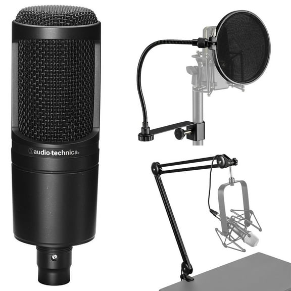 Audio-Technica AT2020 Cardioid Condenser Studio Microphone with XLR Cable Studio Boom Arm Stand and Pop Filter