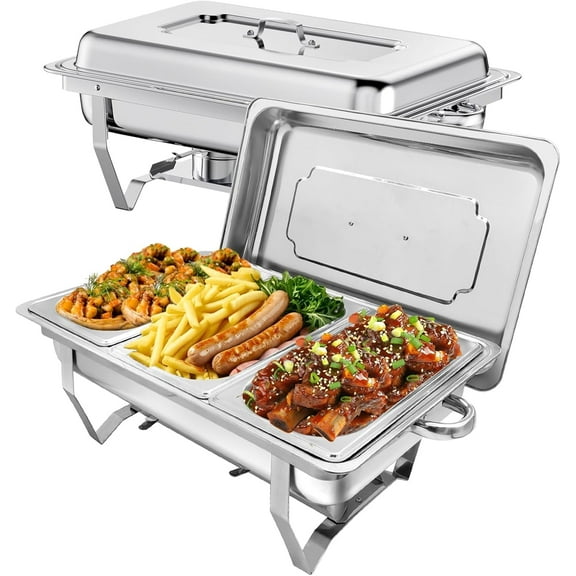 EVGTTI 8QT Chafing Dishes, 2 Pack High Premium Stainless Steel Complete Set with 1/3 Size Food Pan, Chafing Dish Buffet Set for Gatherings Banquet
