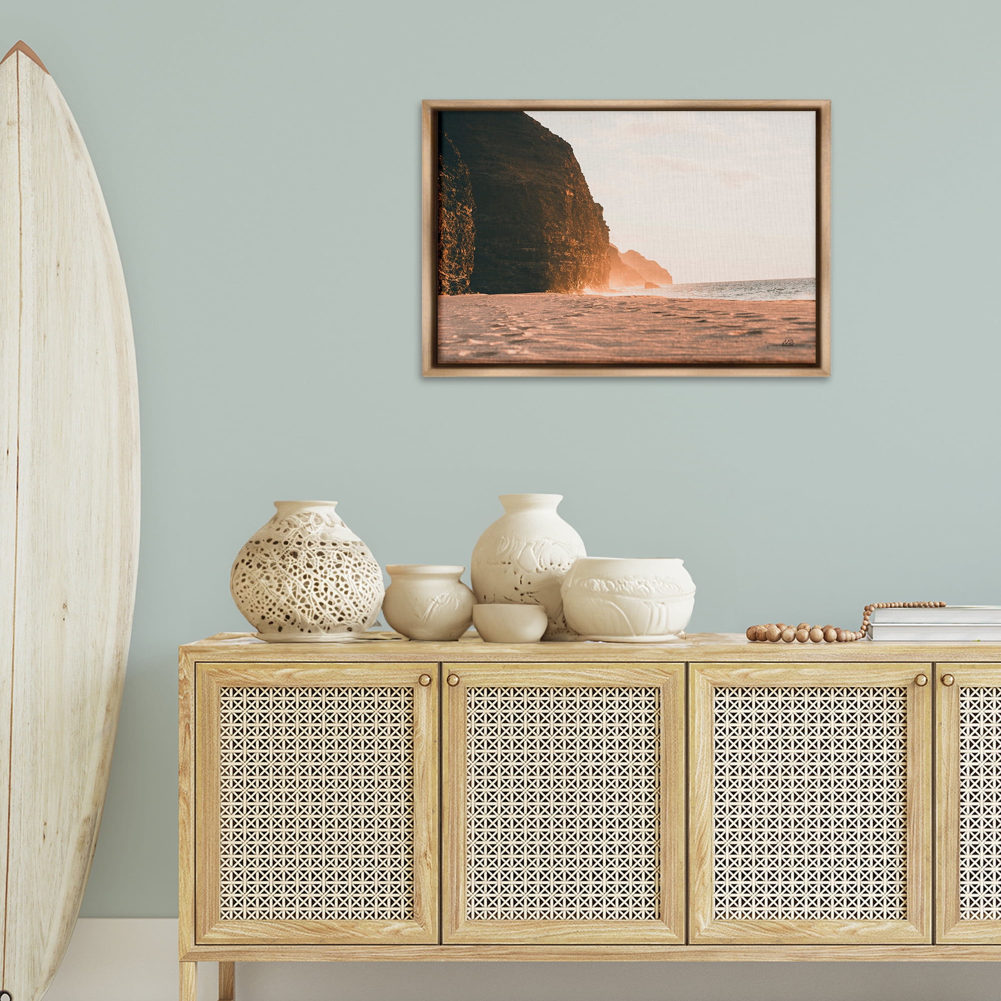 Stupell Industries Hawaiian Glow Shoreline Landscape & Nature Photography Brown Floater Framed Canvas Art Print Wall Art, 31 x 21