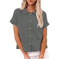 thumbnail image 4 of YFNNUP Womens Button Down Shirts Short Sleeve Linen Style Cotton Collared Button Up Casual Blouses Cropped Tops with 2 Pockets, 4 of 10