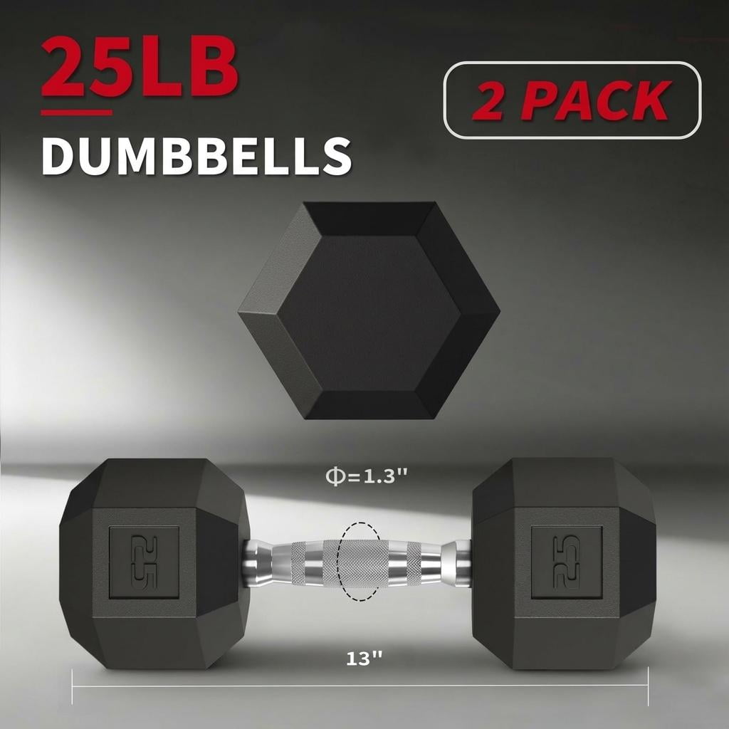 JoanKaren 25lbs Hex Dumbbell Set of 2 with Rubber Encased Coating&Textured Carbon Steel Handle,Anti-Roll Weights for Home Gym Strength Training