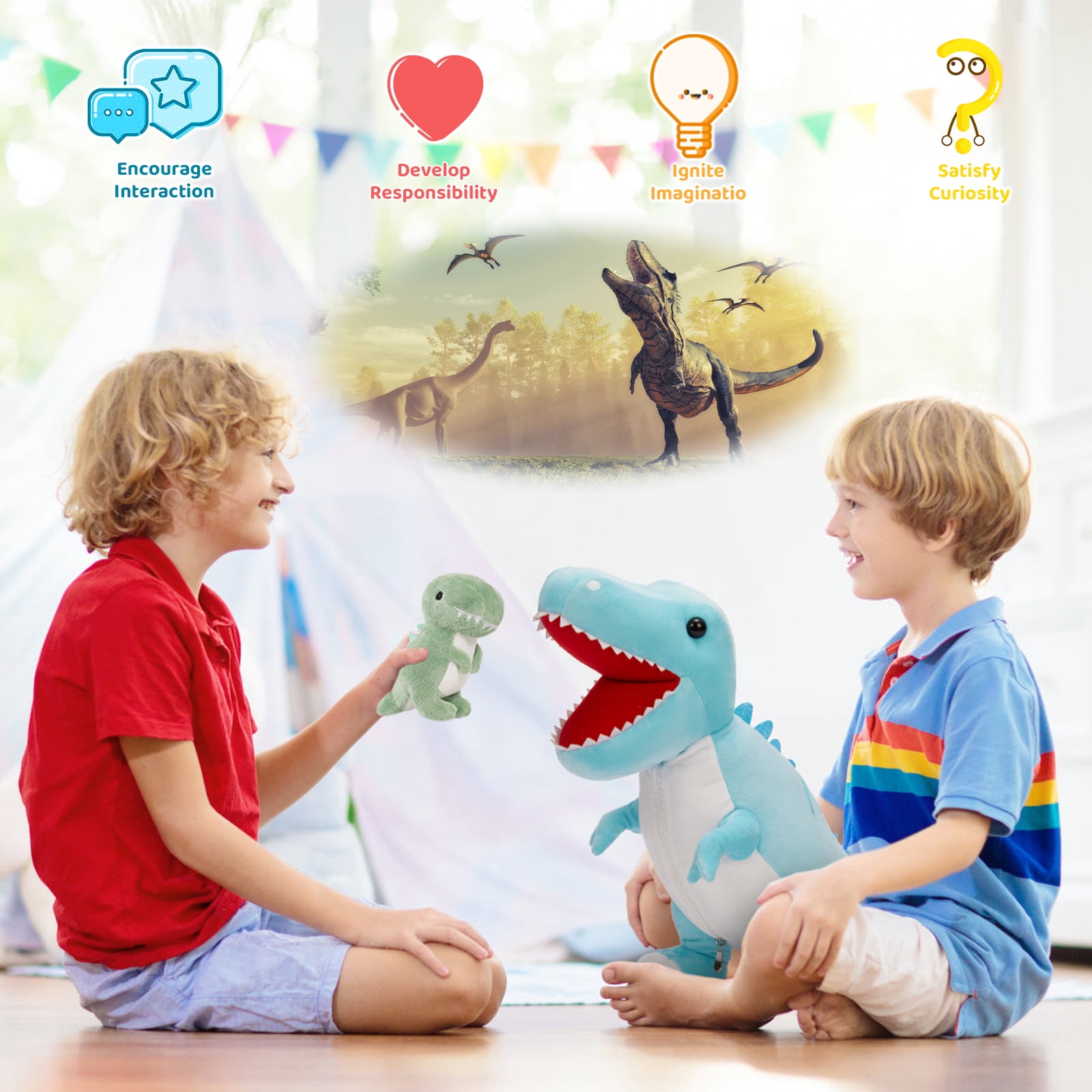 MorisMos 23.6" Blue Dinosaur Stuffed Animal Mommy Dinosaur with 3 Baby Plush Toys