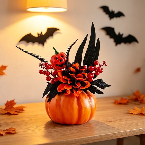 Fall Artificial Pumpkin Floral Centerpiece with Sunflowers and Skull for Mantel, Table and Halloween Thanksgiving Decor, Harvest Celebration, Table Accent