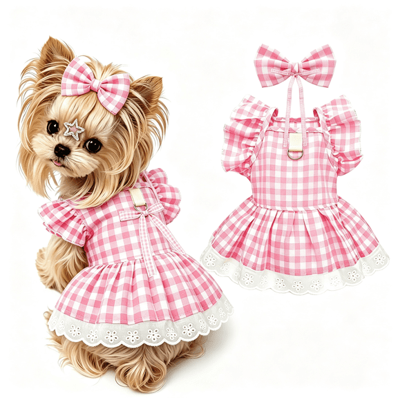 GASTROPOD Cute Plaid Small Dog Cat Harness Dress Outfits with Bow&Leash D-Ring,Soft Breathable Summer Ruffle Puppy Clothes Girl,3-Way Styling Female Dog Clothes for Chihuahua(Pink Plaid,X-Large)