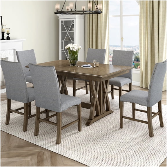 Extendable 7-Piece Dining Table Set for 6 with Leaf, Solid Wood Kitchen Table and Upholstered Chairs, Golden Brown and Gray