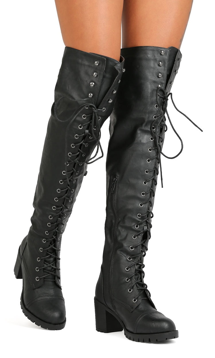 SHOEDEZIGNS Illusion 01 OK Womens Thigh High Lace UP Chunk Heel Combat Boots 