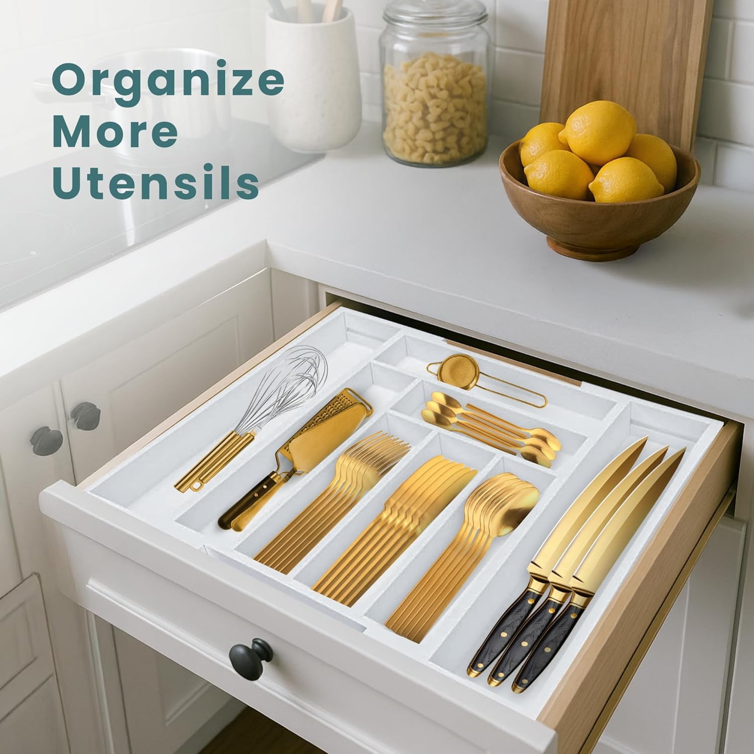 Sben Expandable Drawer Organizer for Utensils Holder, Adjustable Cutlery Tray, Wood Drawer Dividers Organizer for Silverware, Flatware, Knives for Kitchen (White)
