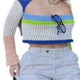 thumbnail image 2 of Women Crochet Knit Crop Tops Long Sleeve Color Block Fit T-Shirts, 2 of 5