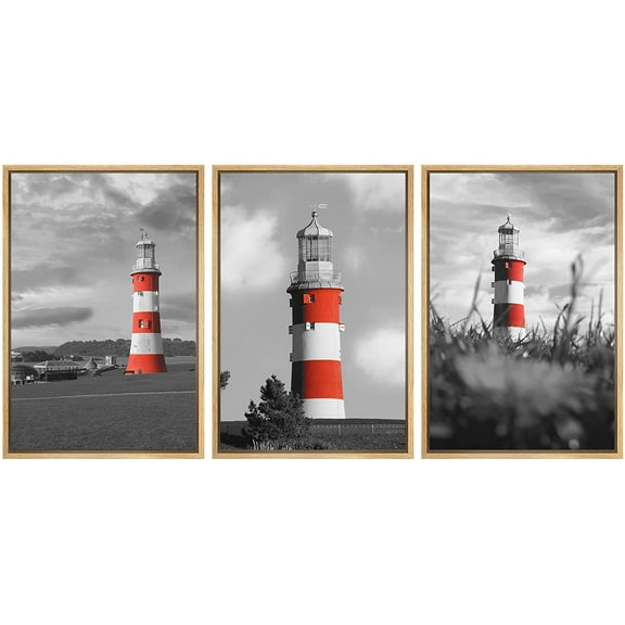 wall26 3 Panel Framed Canvas Wall Art - Bright Color Lighthouse with Black and White Landscape - Giclee Print Gallery Wrap Modern Home Art Ready to Hang - 24"x36"x3 Natural