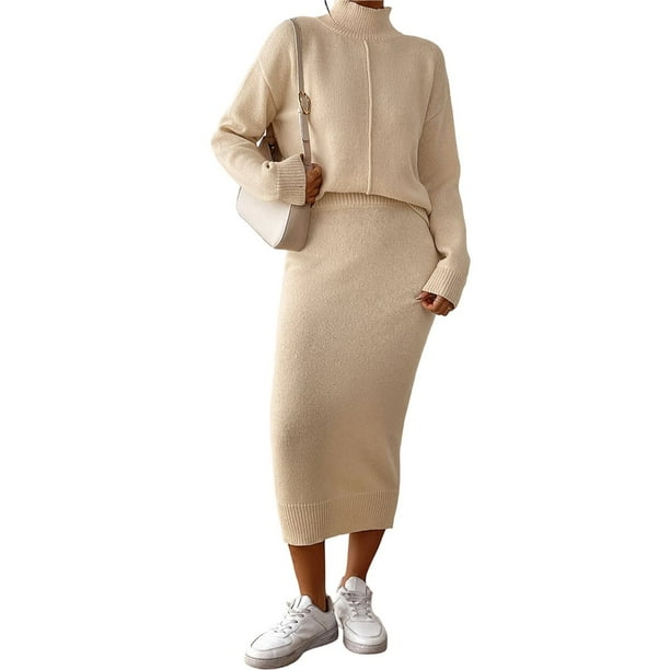 Conjunto de Dos Piezas para Mujer: Suéter y Falda de Punto Top de Punto y Falda Ajustada Albaricoque XL