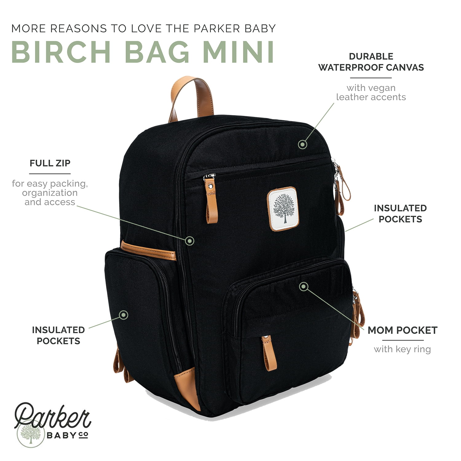 Parker Baby Co. Birch Bag Mini Diaper Backpack, Lightweight Baby Bag with Insulated Bottle Pockets, Compact & Organized - Black