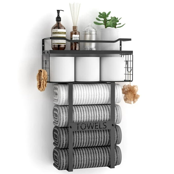 Bathroom Towel Holder with Shelf, Wall Mounted Rack for Rolled Towels and Essentials, Vertical Storage Above Toilet, Wooden Shelf with Metal Frame, Black